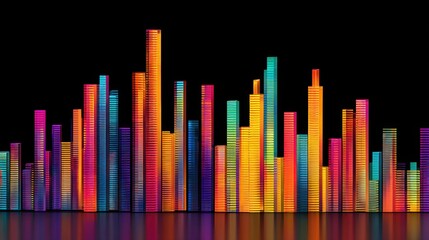 Obraz premium Vibrant Colorful Sound Waves Visualization in an Artistic Neon Style with a Reflective Surface Against a Black Background