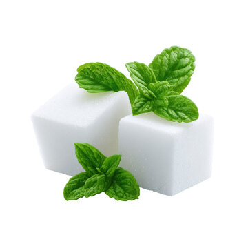 Two white cubes of sugar with three vibrant green sprigs of mint, isolated against a dark background