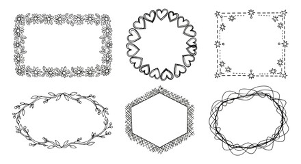 Set of six hand-drawn decorative frames with various shapes and doodle styles, perfect for design projects.