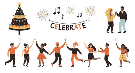 Festive illustration of people celebrating with sparklers, a decorated tree, and fireworks.