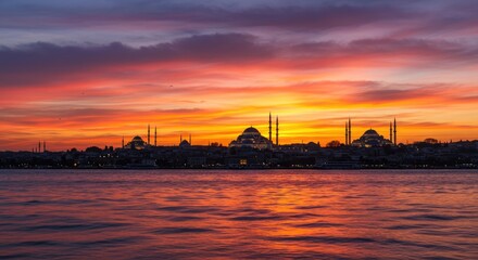 Fototapeta premium Mosque, Istanbul evening, water, sunset, night, sky, sea, river, city, sun, clouds, sunrise, lake, ocean, bridge, travel, red, harbor, boat, nature