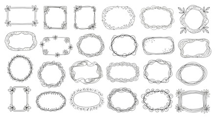 A collection of 30 hand-drawn decorative frames and borders in various shapes and styles, perfect for graphic design projects.