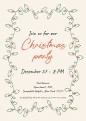 Hand-drawn Christmas invitation template for festive cocktail parties. Designed in a stylish coquette theme. Perfect for inviting guests to merry celebrations and creating unique invitations