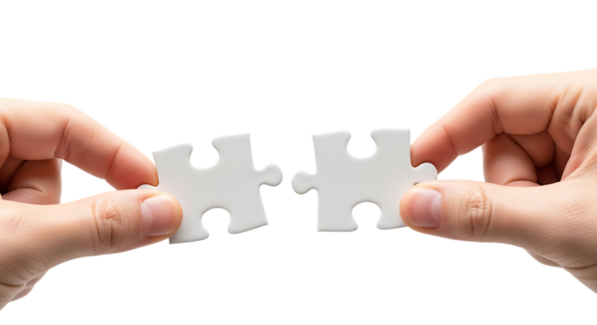 Hands holding two jigsaw puzzle pieces symbolizing connection and teamwork