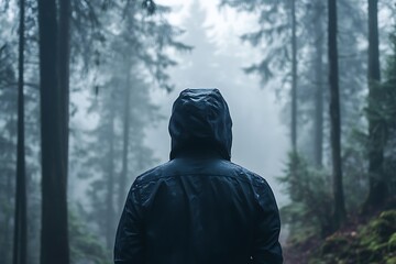Solitary Figure in Raincoat Gazing Through Foggy Forest of Tall Evergreen Trees
