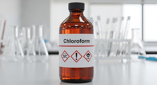 Chloroform Bottle in Laboratory Setting - A Close-Up View.