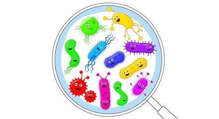 A colorful collection of cartoon microbes and bacteria viewed under a magnifying glass.