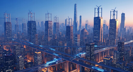 Panoramic Cityscape with Vertical Axis Wind Turbines (VAWT) Integrated into Skyscraper Design