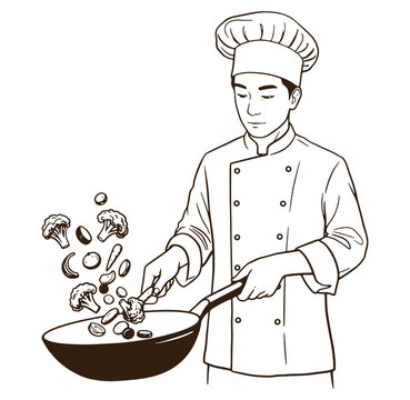 chef cooking vegetables in wok clip art preview