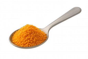Metal spoon holding savory orange seasoning granules, food ingredient for cooking, isolated on transparent background