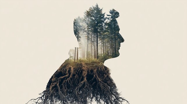 Calm mind silhouette with forest textures and deep roots illustrating inner peace and nature connection