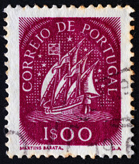 PORTUGAL-CIRCA 1943.Postage stamp printed in Portugal shows Caravel (15th Century), serie...