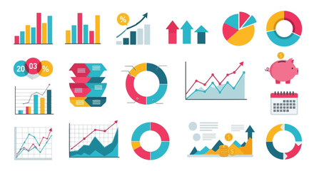 Collection of colorful business data charts and graphs for presentations and reports.