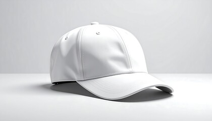A plain, white baseball cap, tilted slightly, sits on a seamless white surface. The lighting highlights its form