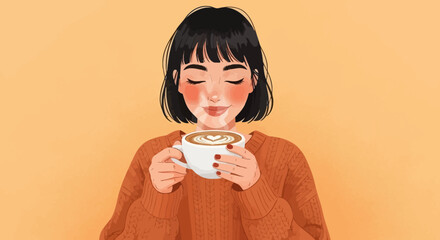 Illustration of a woman enjoying a cup of coffee with a heart-shaped design on top.