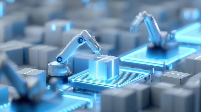Advanced Robotics Technology in Automated Warehouse Environment with Robotic Arms Handling Packages and Blue Neon Accents for Futuristic Themes