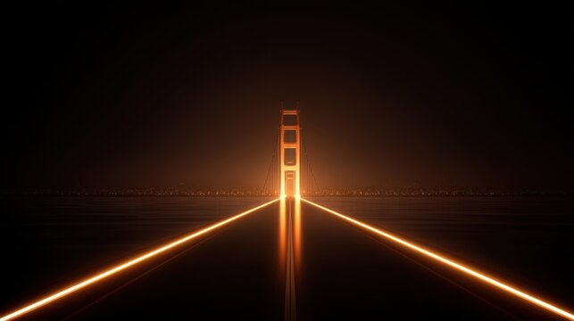 Majestic Golden Gate Bridge Illuminated by Sunset Glow, Reflecting on Calm Waters with Urban Skyline in Background, Creating a Dreamy Atmosphere