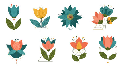 A collection of eight stylized folk art flowers with modern geometric designs isolated on a white background.