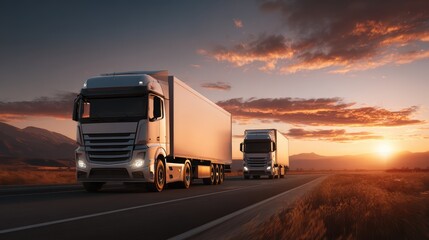 Long hauling trucks driving on highway du sunset with scenic landscape and dramatic sky in background
