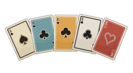 Five playing cards fanned out, showing different suits and values, arranged in a row.
