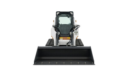 Detailed full-body compact track loader with heavy-duty front bucket, isolated on a clean white background, ideal industrial equipment for construction projects