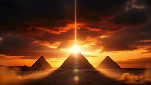Powerful beam of light pierces the sky above the ancient pyramids in an arid desert landscape during a stunning and dramatic sunset