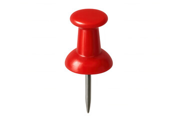 Red pushpin creating location marker symbol. Office stationery item or reminder notice accessory on transparent background