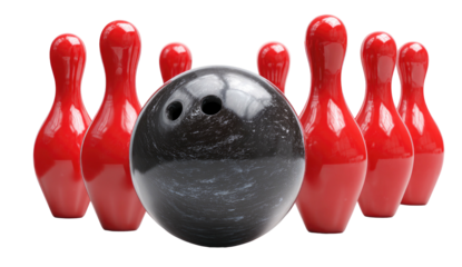A bowling scene showcasing red pins with a shiny black ball ready to knock them down