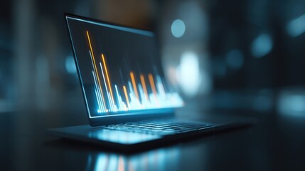 High-Tech Laptop Displaying Colorful Data Visualization and Graphs in a Modern Workspace with Artistic Bokeh Effect and Soft Lighting