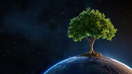 Isolated Green Tree on Top of Earth with Stars in the Background Illustrating Nature and Environmental Awareness