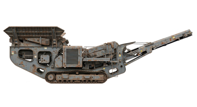 Heavy-duty industrial mobile crushing machine with tracks and conveyor belt for aggregate processing