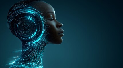 Futuristic female figure with digital elements and glowing circuits representing technology and innovation
