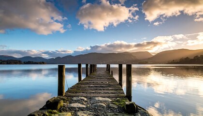 Wooden pier extends into calm lake with mountains under a cloudy sky