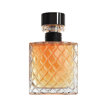 Perfume bottle, diamond pattern, amber liquid, shiny, black cap
