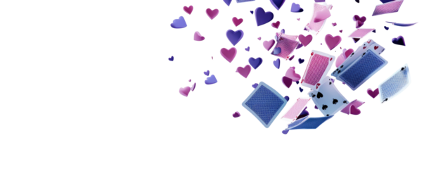 Scattered cards and heart shapes float against a stark black background