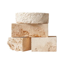 Stack of four rough, natural-colored stone blocks against a black background, showcasing textures