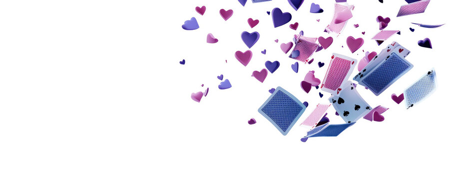 Scattered cards and heart shapes float against a stark black background - Powered by Adobe