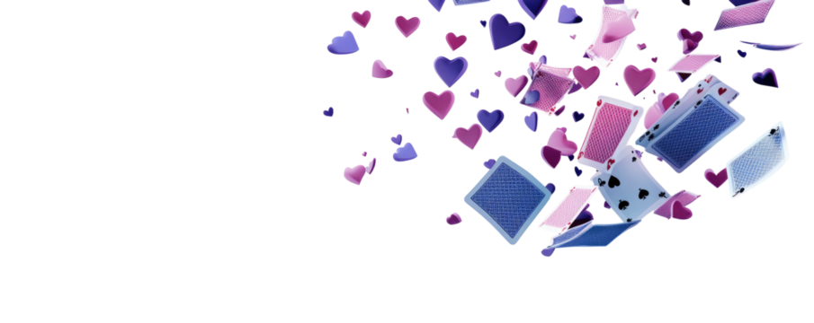 Scattered cards and heart shapes float against a stark black background