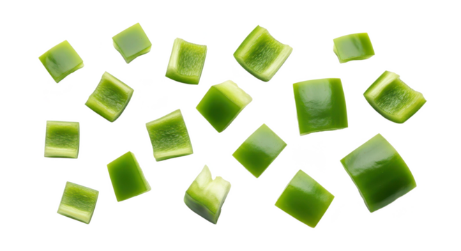 Freshly chopped green bell pepper pieces scattered on a clean white background, ideal for culinary use and healthy eating