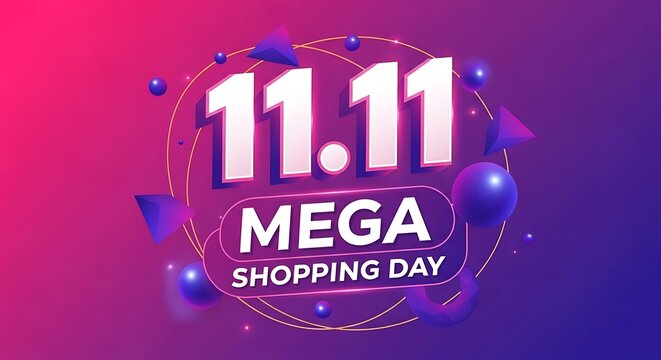 1111 mega shopping day sale event with vibrant gradient background and spheres