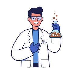 A smiling scientist holding a flask with a brown substance, bubbles rising.