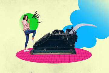 Zine banner full photo collage of happy girl guy author stand retro typewriter machine novelist...