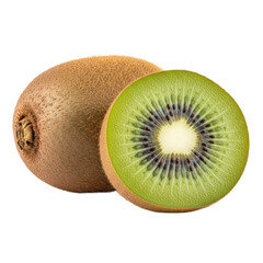 Fresh whole kiwi fruit alongside a perfectly sliced half, revealing its vibrant green flesh and a pattern of black seeds on an isolated white background