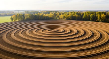 Aerial view of a large agricultural field with circular patterns created by farming equipment