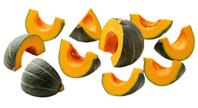 Freshly Cut Pumpkin Slices on White Background A Vibrant Food Photography