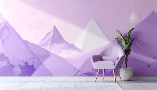 A cozy interior with a lilac armchair in front of a wall mural depicting abstract purple mountains, with a potted plant
