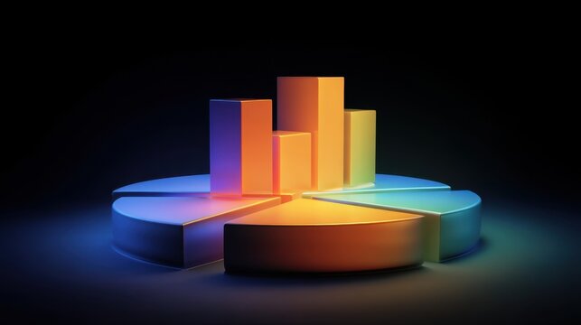 Abstract colorful 3D pie chart with glowing bars representing data analysis, statistics, and visual representation of financial growth and performance metrics - Powered by Adobe