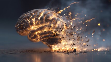 Overloaded brain concept with burning glow and fractured light representing tension headache and emotional pressure