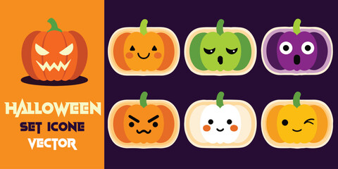 Happy halloween pumpkin icons with cute expressive faces perfect for seasonal decorations and spooky themed projects