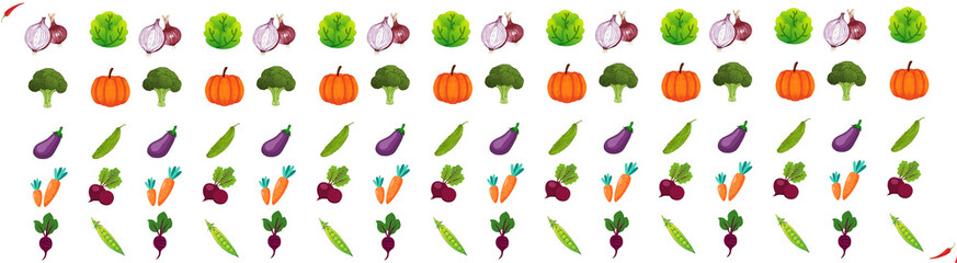 Vibrant Hand-Drawn Vegetable Seamless Pattern. Cute Farm Fresh Produce Repeat Background. This is a vibrant, colorful, and seamless pattern featuring a cheerful assortment of hand-drawn garden